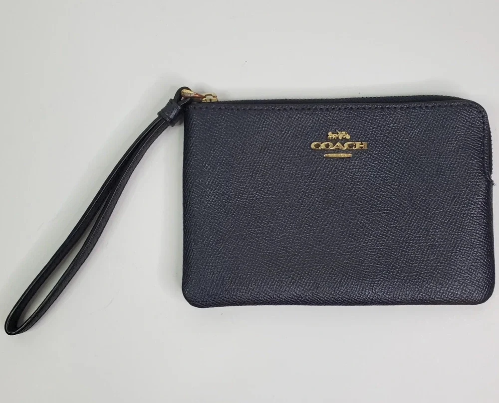 Coach Corner Zip Crossgrain Leather Wristlet Blue corner zip small wristlet
